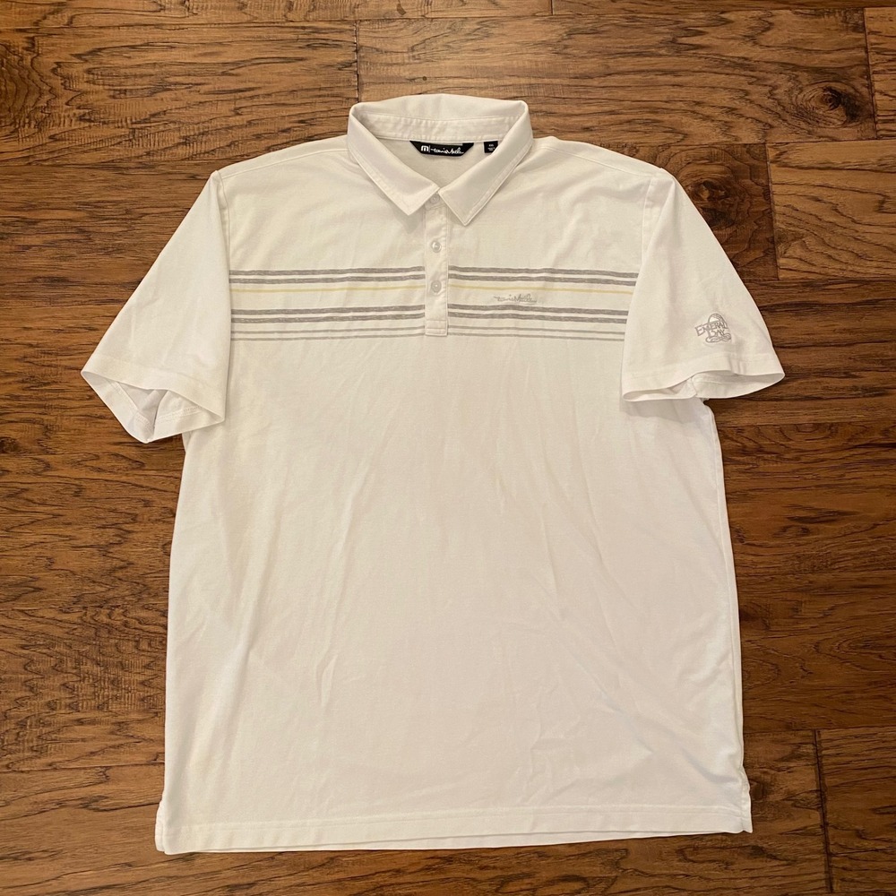 TravisMathew Polo Shirt Mens XXL White Striped Emerald Bay Golf Short Sleeve